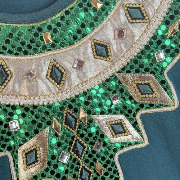 Vintage FOCUS Gold Lame Embroidered Studded Emerald Green Tunic Top One Size - Picture 3 of 5